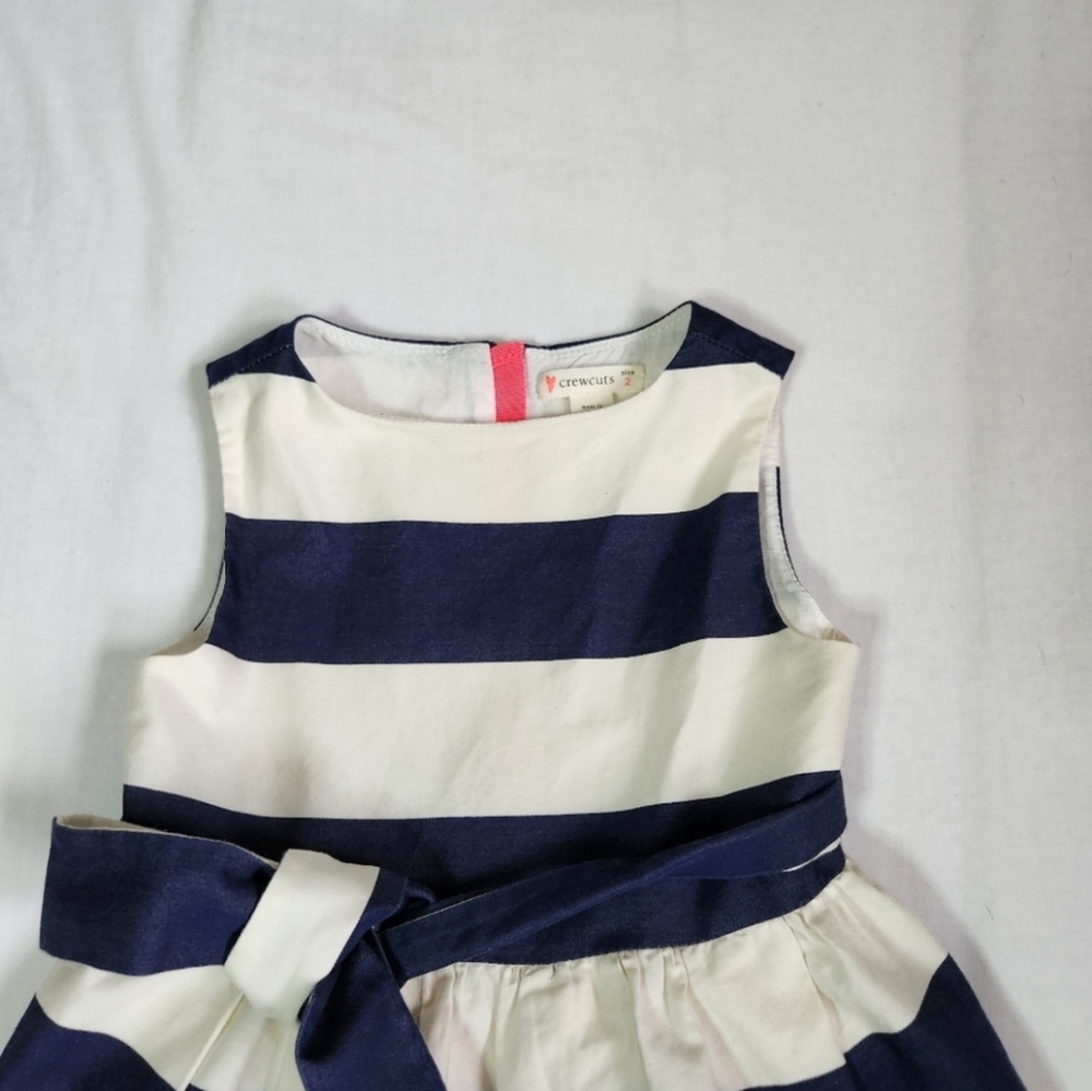 3/$15 J. Crew Crewcuts dress navy blue cream block stripes fit flare tie belt 2T - Picture 3 of 10